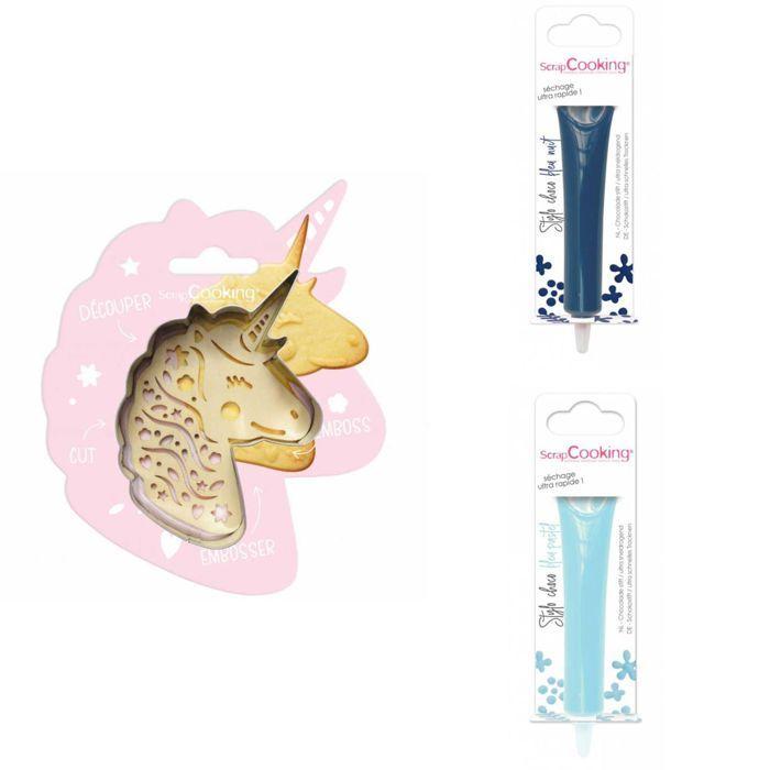 Kit pour biscuit en relief Licorne + 2 Stylos au chocolat bleu nuit et bleu pastel