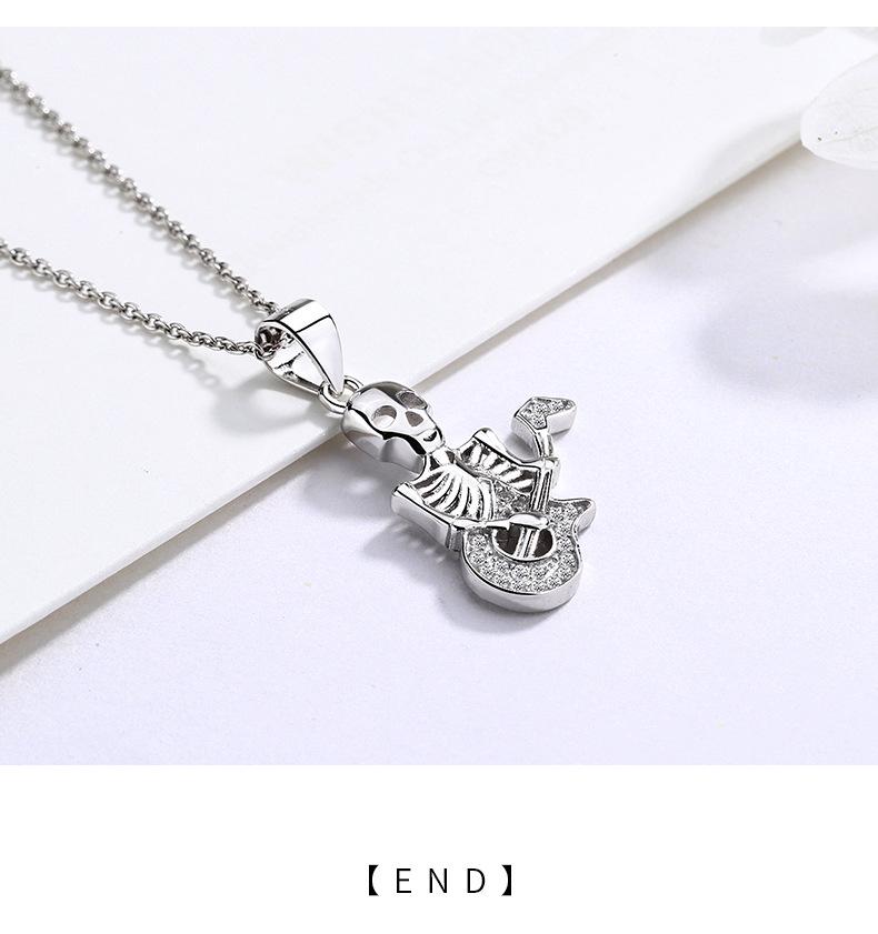 925 Sterling Silver Vintage Skull Guitarist Pendant Necklace - Unisex European American Hip Hop Punk Style Clavicle Chain
