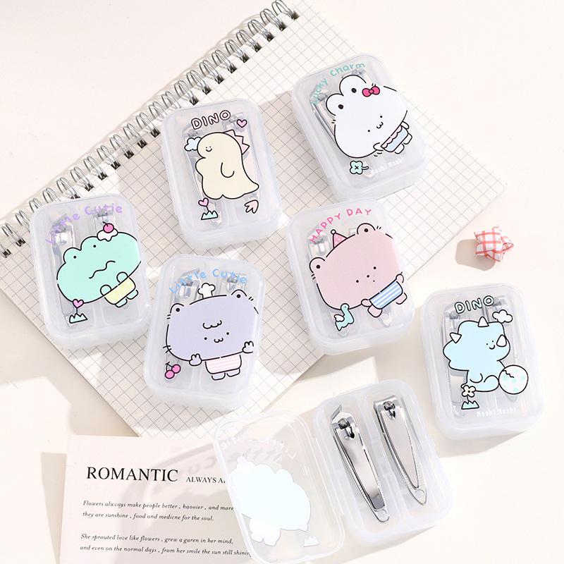 Cartoon Print Nail Clipper Set: Stainless Steel, Curved & Angled Edges for Manicure & Pedicure.