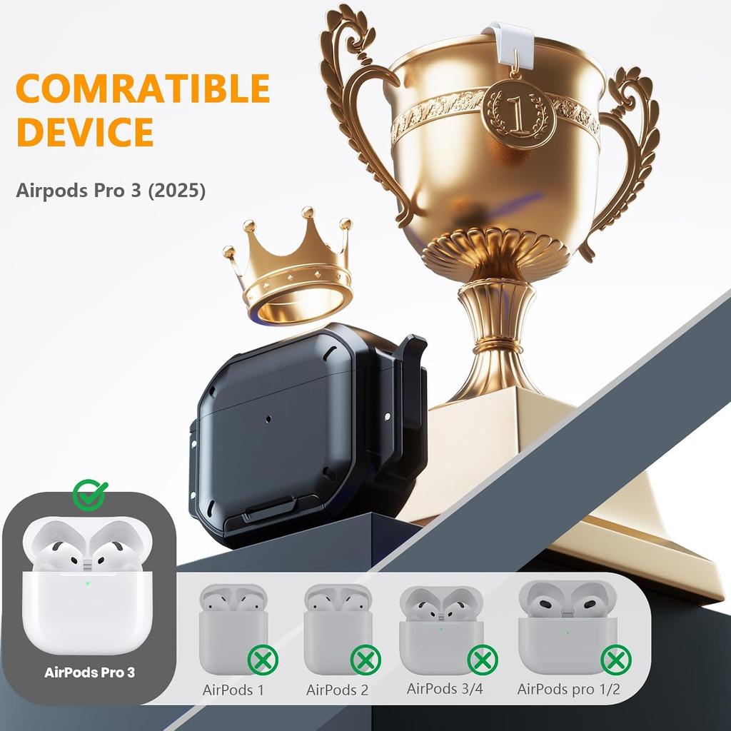 for AirPods Pro 3 Case with Lock & Carabiner, [IP68 Waterproof] [Military-Grade Protection] Full Body Shockproof Case with Phone Stand for AirPods