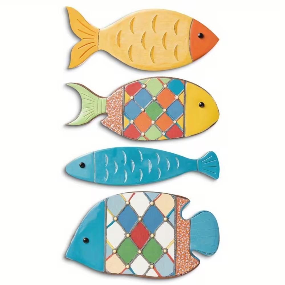 Beach Theme Nautical Fish Art Sculpture Vintage Style Wooden Fish Hanging Sign Ocean Theme Room 4Pcs