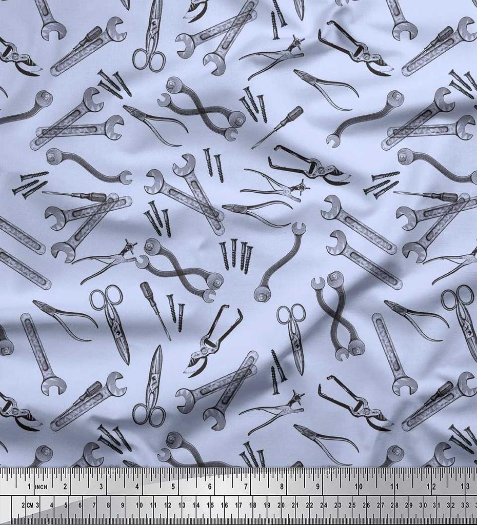 Soimoi Blue Japan Crepe Satin Fabric Tools Hardware Printed Fabric 1 metre 42 Inch