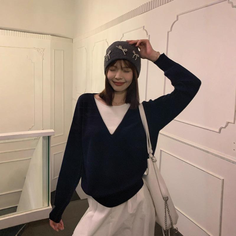 Song Zhengen Navy Blue Fake Two-piece Knitted Sweater Women's Autumn New Loose High-end Lazy Sweater Long-sleeved Top