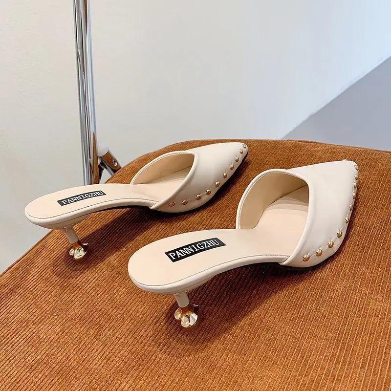 Fashion Job Sandals Slides Outside Heeled Shoes for Women Pointed Toe Off White Woman Slippers Mules Easy Wears Unique 39 Vip Original Y