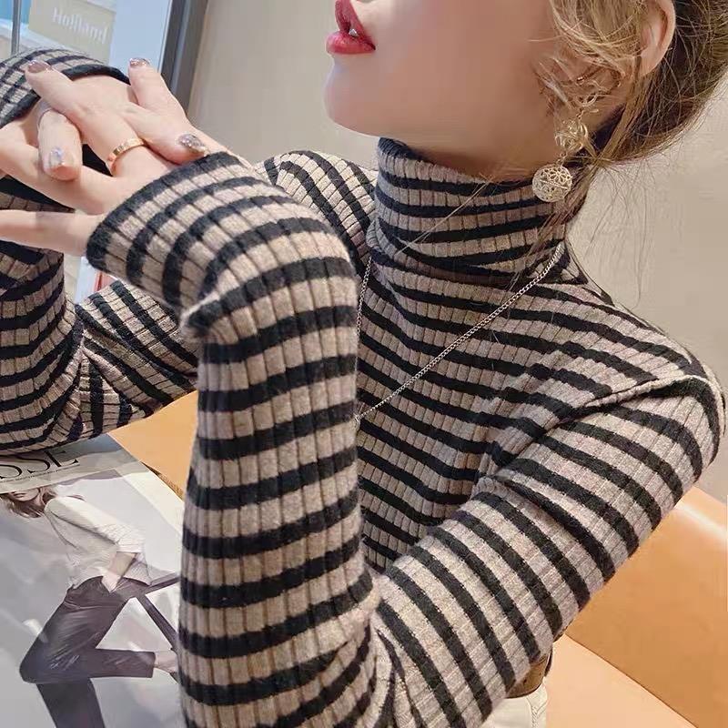 Women's Autumn Winter High-Neck Base Layer - Versatile Long Sleeve Striped Slim-Fit Knit T-Shirt for Inner Wear
