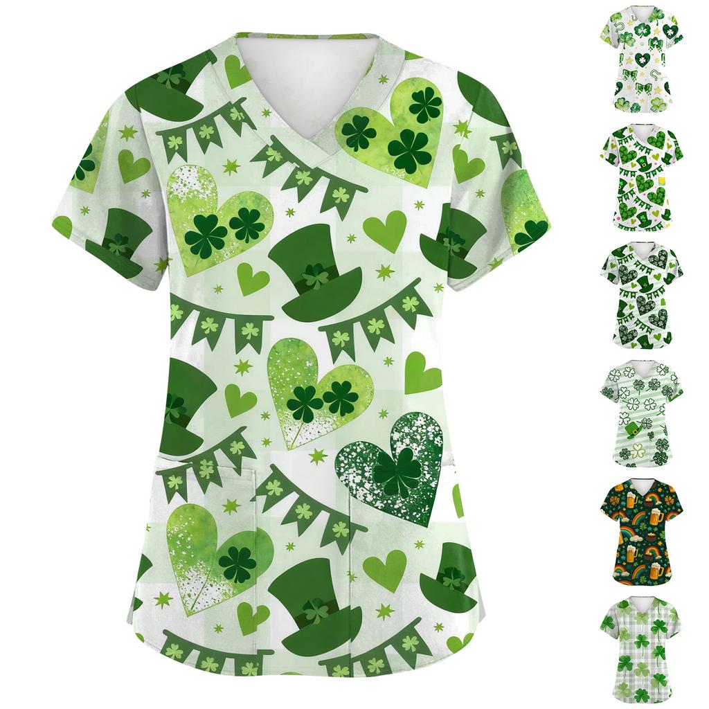 Women's Fashion Short-Sleeve Sleeve St. Patrick's Day Print V-Neck Pocket Workwear Top