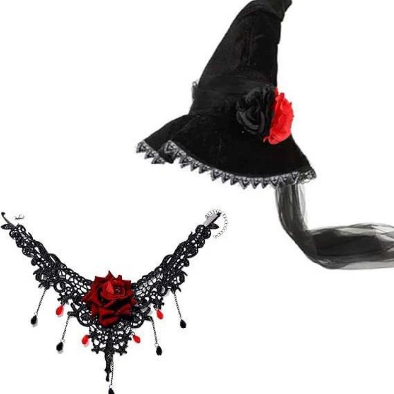 2/3pcs Lace Gothic Witch Hat with Tulle Veil & Rose Necklace - Women's Halloween Party Costume Accessory Fabric