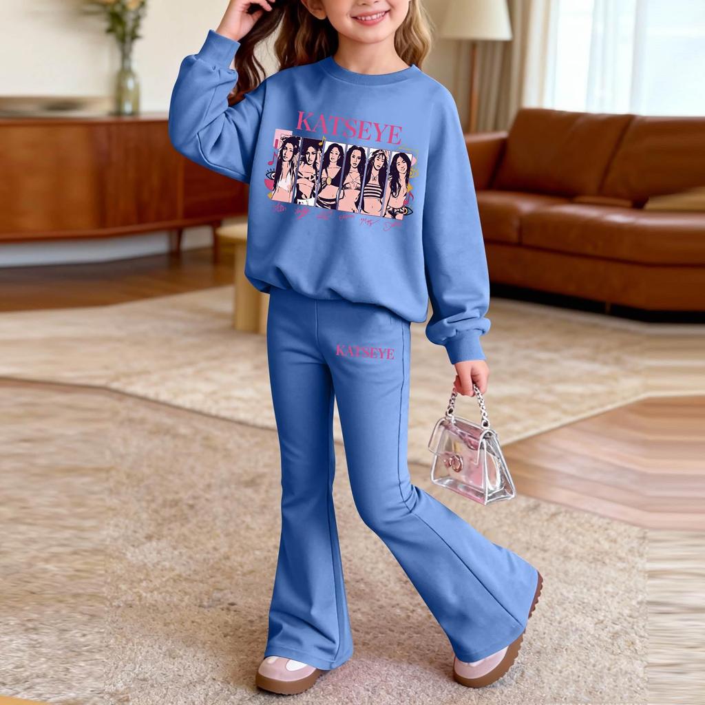 Kids Casual Loose Fit Long Sleeve Neck Printed Top and Pants Set