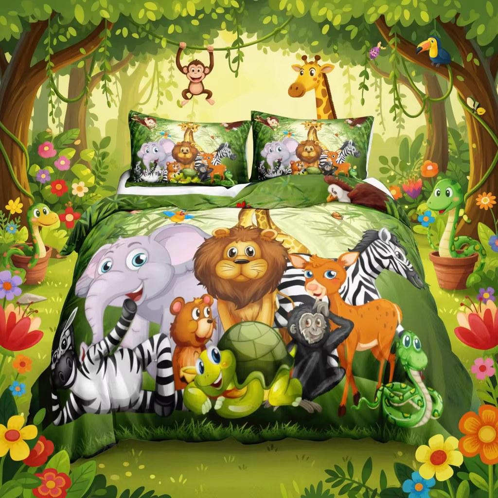 Funny Cartoon Animal Duvet Cover Safari Animal Comforter Cover Zoo Theme Jungle Bedding Set Giraffe Snake Hippo Bedspreads Cover