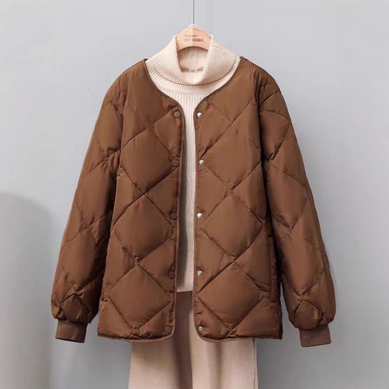 Rhombus Collarless Down Jacket Women's Light and Short New Small Loose Round Neck White Duck Down Liner Jacket