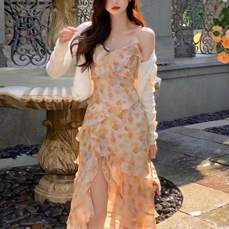 ruffle leaf edge v-neck floral dress girlish suspender dress women's summer new niche split-ended medium and long dress