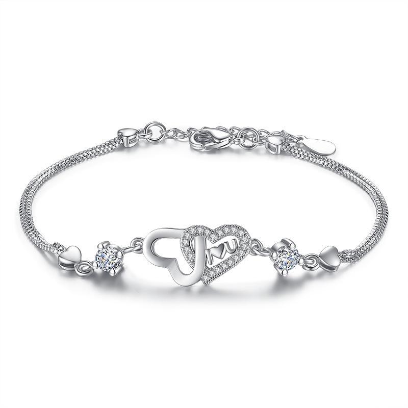 925 Sterling Silver Fashion White and Purple AAA Zircon Heart Bracelet Gift Jewelry