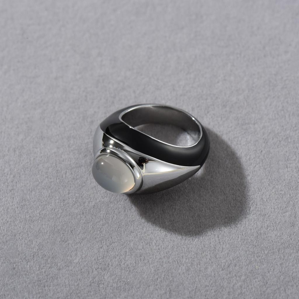Premium Metal Copper Plated Platinum Color Matching Black Drop Glaze Inlaid White Chalcedony Ring Trendy Personality Unique Ring Women