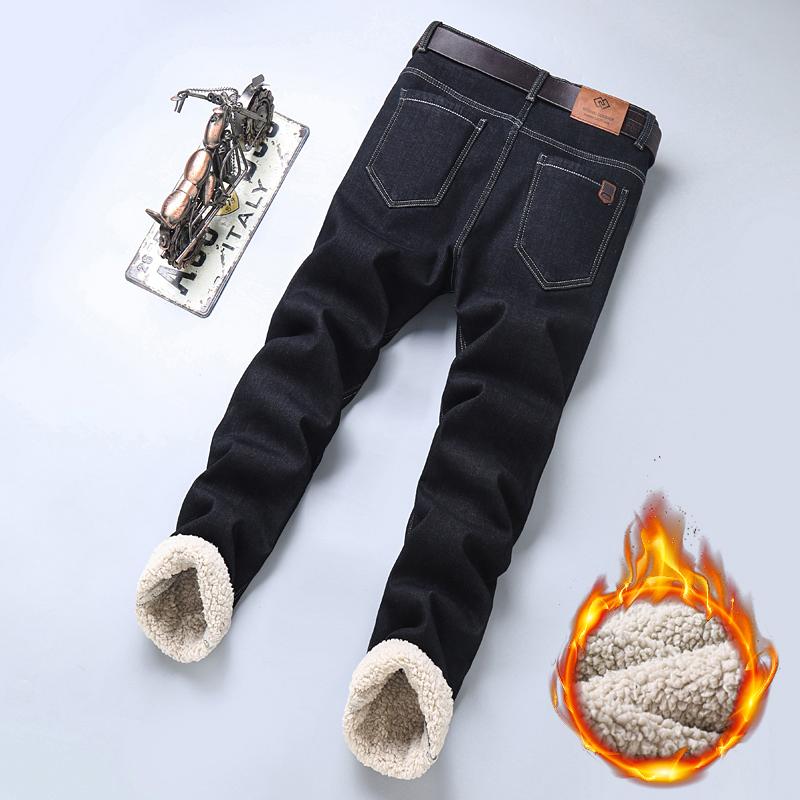Winter Warm Fleece Jeans Men Straight Stretch Thick Casual Thermal Denim Pants Male Business Work Trousers Men Clothing