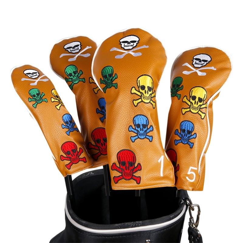 4Pcs PU Leather Golfs Club Head Cover Golfs Driver Headcover Skull Pattern Fairway Wood Headcover Hybrid Head Cover