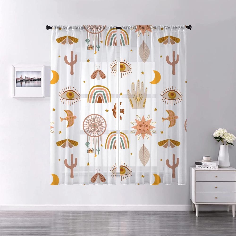 Bohemian Sun Moon Star Dreamcatcher Rainbow Translucent Voile Drape for Living Room Decor Leaves Cactus Kitchen Window Opening Tulle Drape