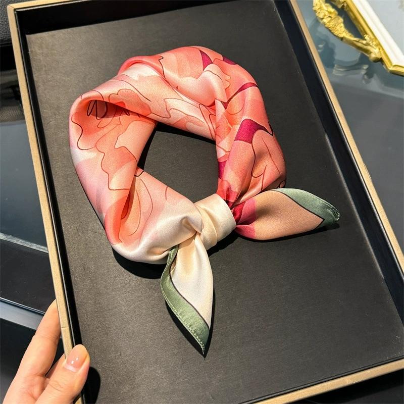 100% Pure Silk Scarf Women Neck Hair Band Foulard Square Small Headband  Fashion Print Neckerchief Scarves Bandana 53*53cm