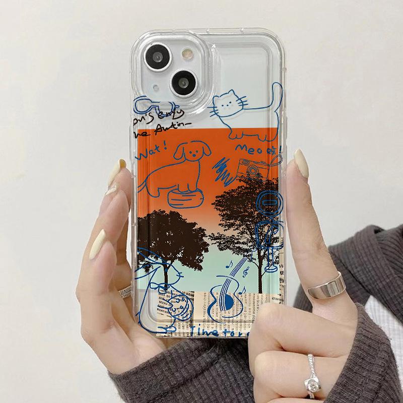 Ins Wind Premium Sketch Cat and Dog Applicable iPhone17Pro Airbag Mobile Phone Case 16Pro Apple 14/15 Factory