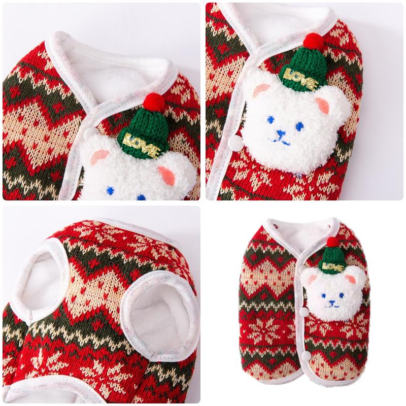 Winter Dog Vest Festive Christmas Dog Sweater 3D Bear Embroidery Red Green Contrast Pet Apparel Sleeveless Outfit Soft Warm Puppy Clothing