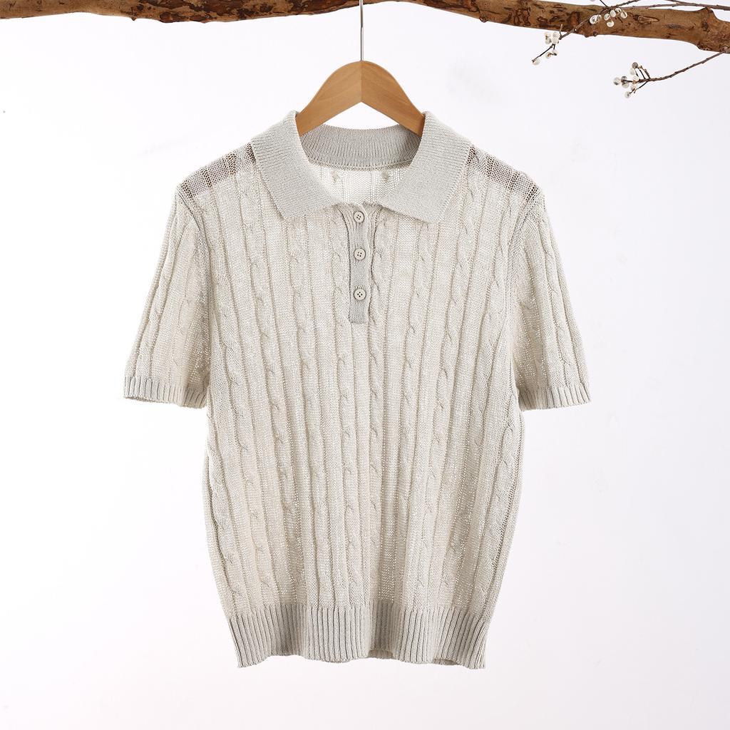 Old money style three-dimensional twisted flower and paper yarn short-sleeved polo shirt lapel T-shirt women's summer twist knitted sweater commuter t