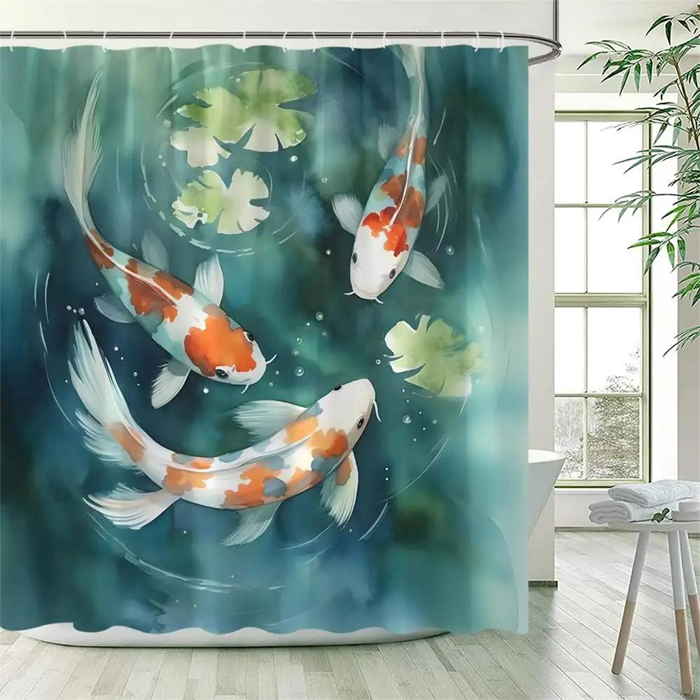 

Japanese Style Shower Curtains Green Bamboo Koi Carp Tropical Cactus Mountain Water Landscape Fabric Bathroom Decor with Hooks 90x180cm-35x70in