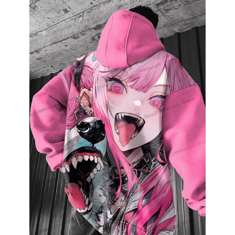 Anime Girl Back Pattern Sweatshirt Casual Long Sleeve Hooded Pullover 3D Printing Women Top Fashion Oversized Men's Hoodies