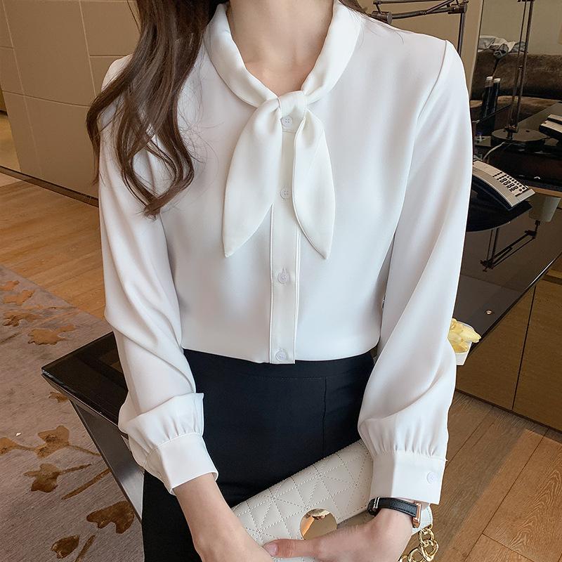 

Bow tie chiffon shirt for women 2026 spring and autumn new long-sleeve fashion design top casual blouse S белый
