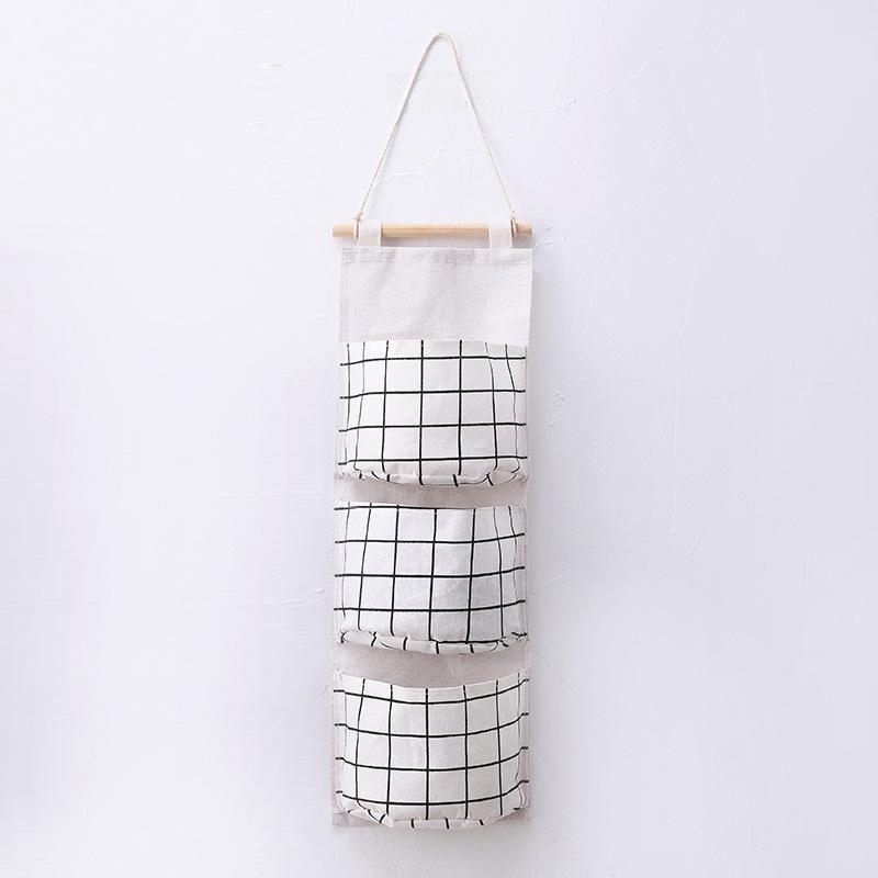 Grid Pattern Cotton Linen Three-Pocket Hanging Storage Bag