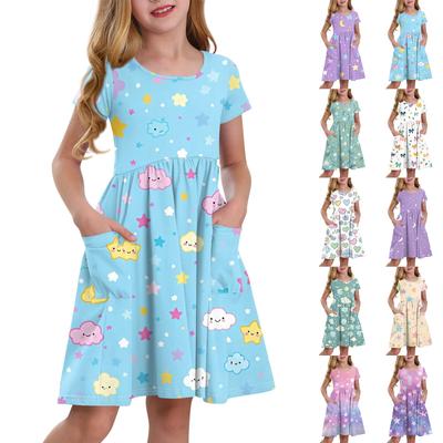 Children's Skirt Round Neck Short Sleeve Princess Dress Fashion Casual Pocket Dress For Girls