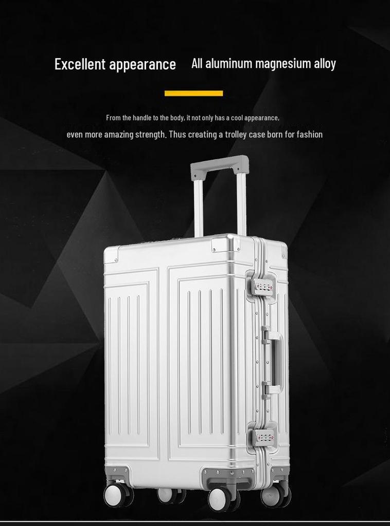 Aluminum-Magnesium Alloy Trolley Case: Universal Wheeled Luggage in 20”, 24”, 26”, 29” for Men and Women—Hard Shell Travel Suitcase