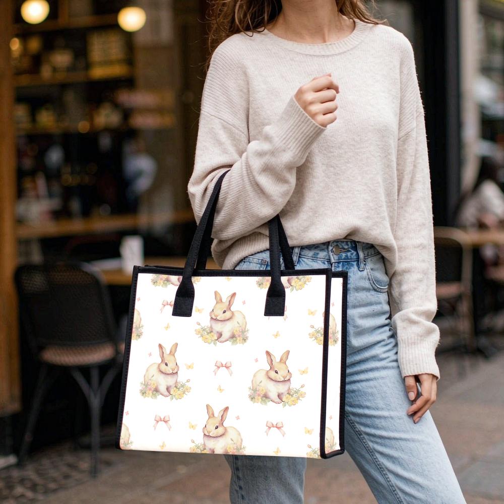 Cute Rabbit Printed Tote Bag Casual Large Capacity Handbag for Daily Use