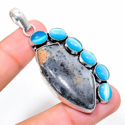 Natural Dendrite Opal, Monalisa Gemstone 925 Sterling Silver Pendant 2.44" N4w99