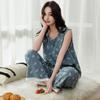 Summer Thin Sleeveless Pajamas Women's Cotton and Silk Floral Lace Wide-leg Pants Loose and Cool Loungewear Can Be Worn Outside Set