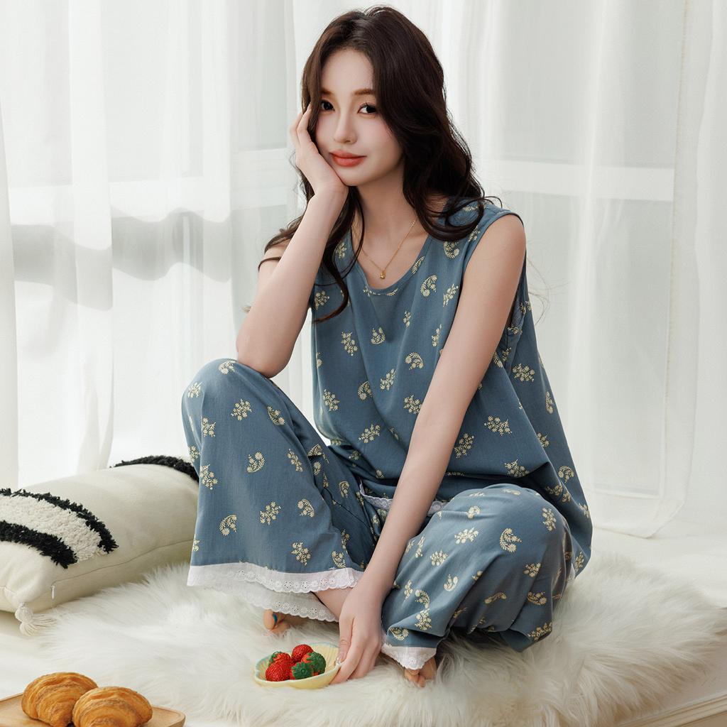 Summer Thin Sleeveless Pajamas Women's Cotton and Silk Floral Lace Wide-leg Pants Loose and Cool Loungewear Can Be Worn Outside Set
