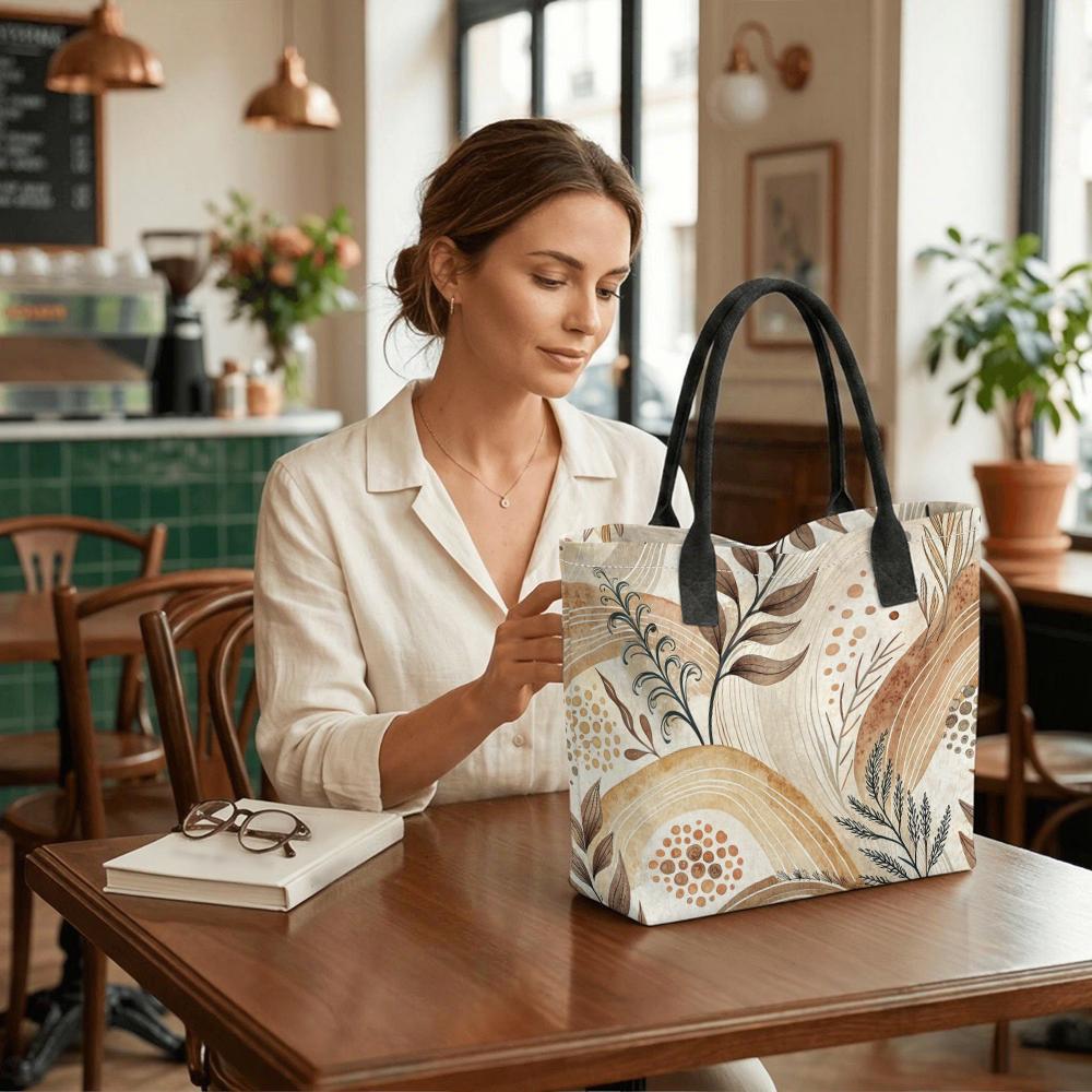 Boho Floral Canvas Tote Bag for Women Casual Large Capacity Shopping Shoulder Handbag
