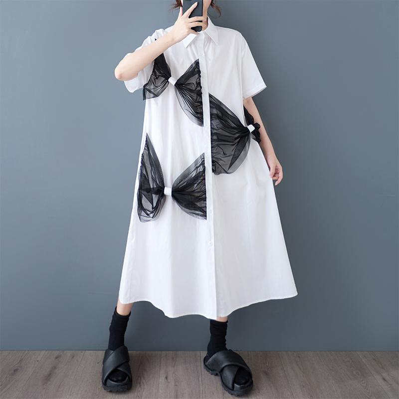 DIMANAF 2025 Spring Summer Shirt Dress Plus Size Women Casual Vintage Long Dress Loose Basic Black White Dress