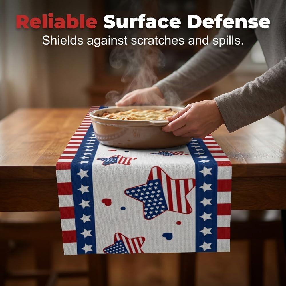 4 juli patriottische tafelvlagdecoratie, 73x13,8 inch linnen met sterrenpatroon, 250e Verjaardag van de VS merchandise, Memorial Day decoratie