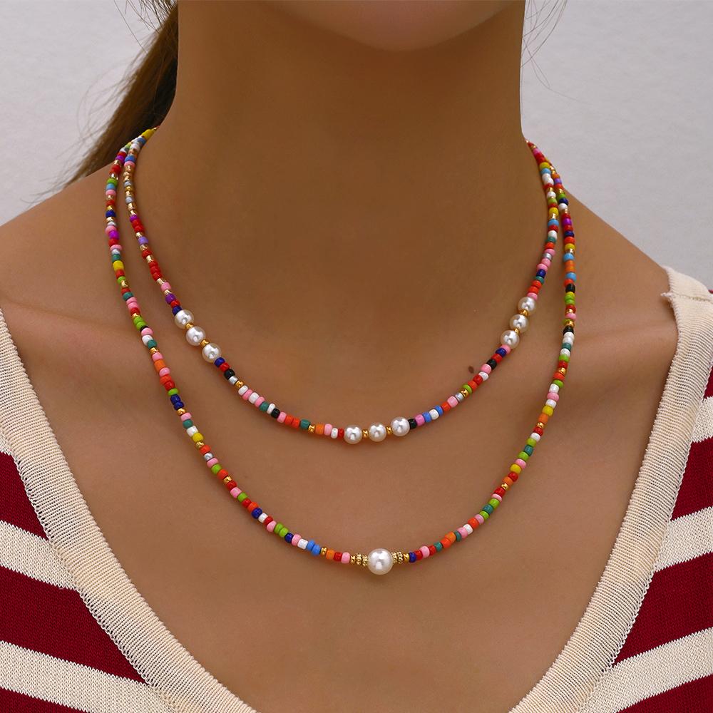 Bohemian Handmade Colorful Beads Chain Necklaces Tassels Pearl Pendant Jewelry For Women Accessories N0368
