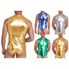Herren Metallic Glänzend Body Clubwear Badebekleidung Stehkragen Ärmellos Reißverschluss Vorne Einteiler Badeanzug für Rave Party