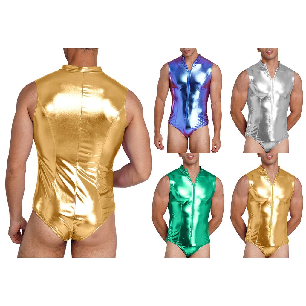 Men Metallic Shiny Bodysuit Clubwear Swimwear Mock Neck Sleeveless Front Zip-up Leotard One Piece Bathing Suit for Rave Party