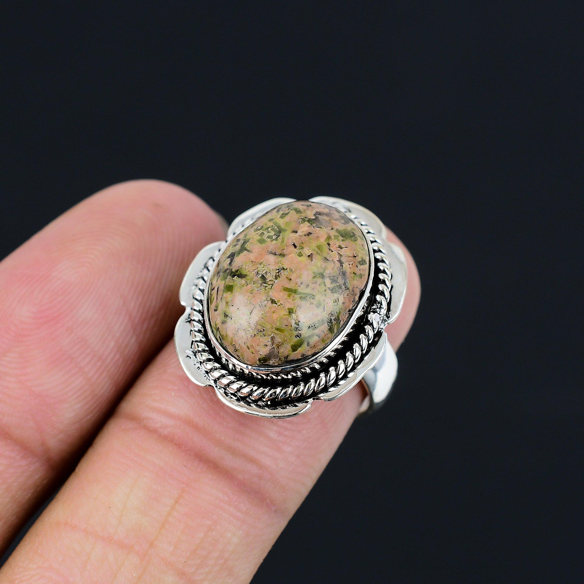 Sisters Day Deal Oval Unakite Stone 925 Sterling Silver Boho Solitaire Ring US 7 7