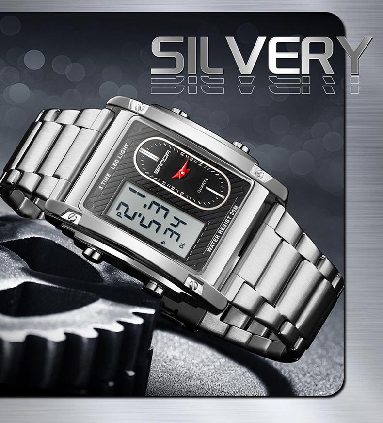 Sanda Men's Dual Display Luminous Waterproof Wristwatch - Alarm Clock Business Fashion Square Design