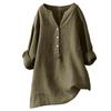 European & American Loose Plain Stand Collar Button Long Sleeve Cotton Linen Top for Women
