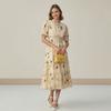 Summer V-neck Puffed Sleeve Single-breasted with A Cinched Waist Print Mid-length Short-sleeved Dress