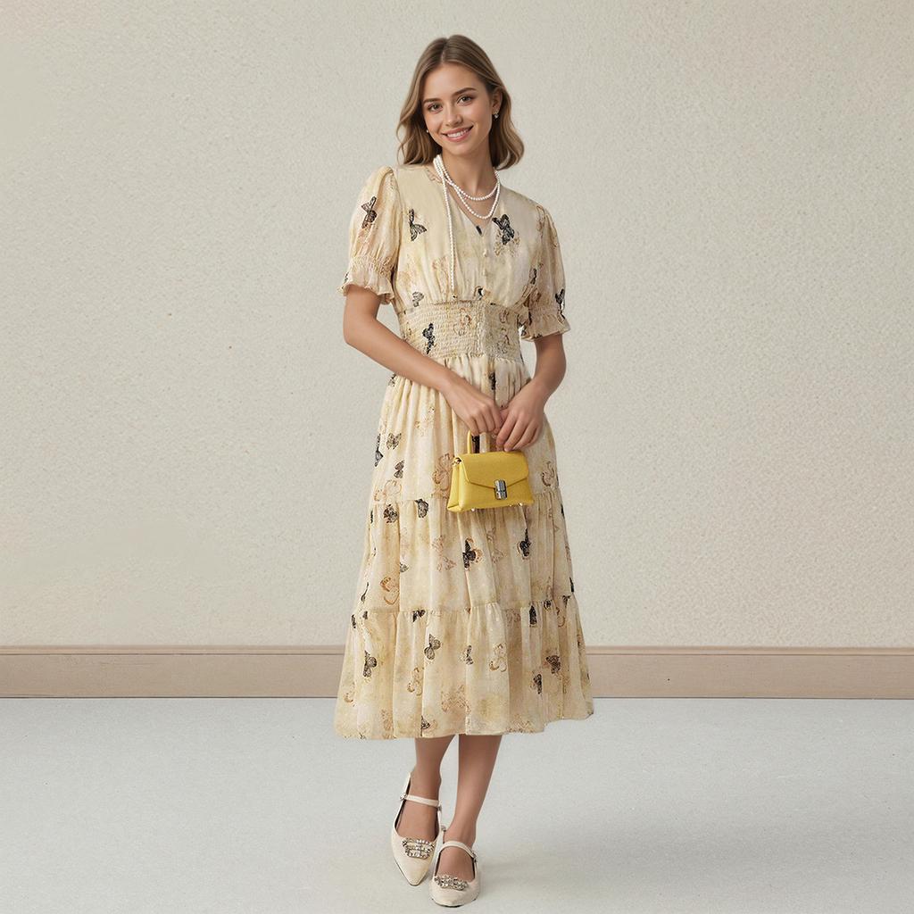 Summer V-neck Puffed Sleeve Single-breasted with A Cinched Waist Print Mid-length Short-sleeved Dress