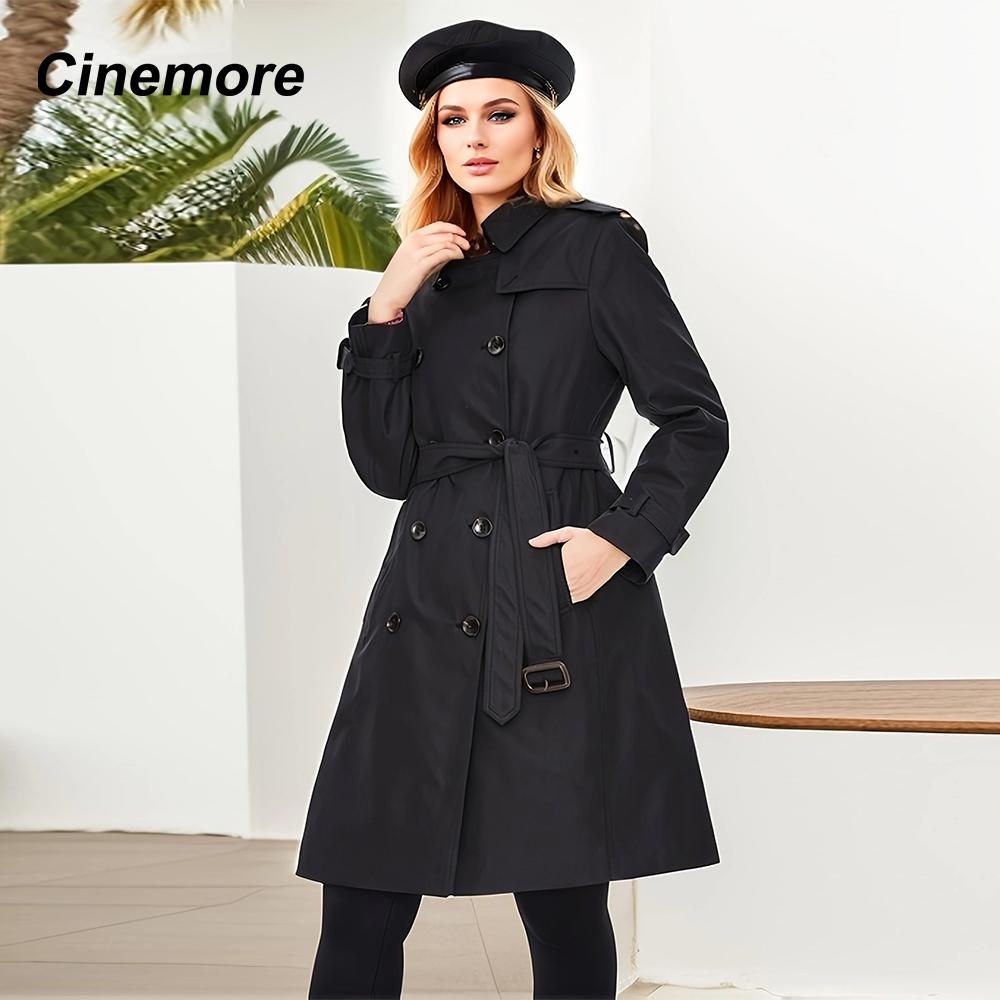 

Cinemore, весенний длинный плащ для женщин, повседневная ветровка, куртка, двубортный, с лацканами и поясом, ветрозащитное женское пальто, офисное C82001 S чёрный