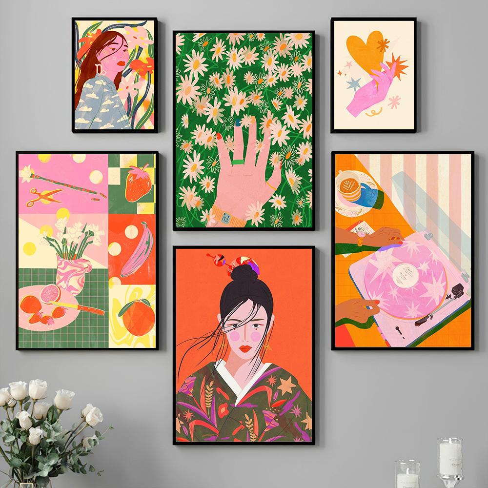 Plakaty i wydruki Nordic Girl Abstrakcyjna sztuka ścienna Malowanie na płótnie Kolorowy obraz z kreskówek do dekoracji ścian salonu