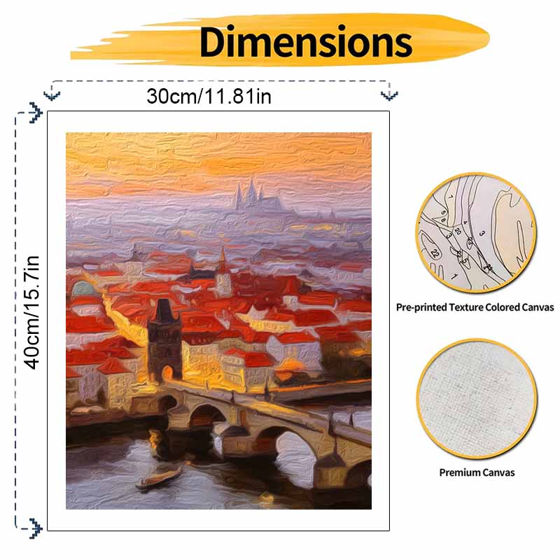 DIY Digital Oil Painting Kit. DIY Adult Painting by Numbers Kit Sunset Prague Cityscape Art Gift Home Decor Wall Art