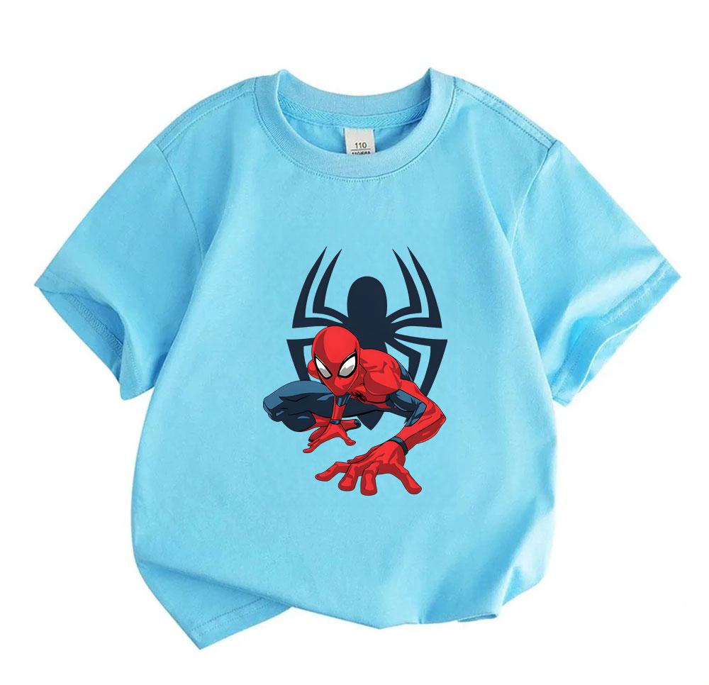Kids Boys Girls Crew Neck Short Sleeve T-Shirt, 100% Cotton Casual Tees, Cool Super Hero Spider Print Soft Breathable Summer Tops for Daily Play Outdo