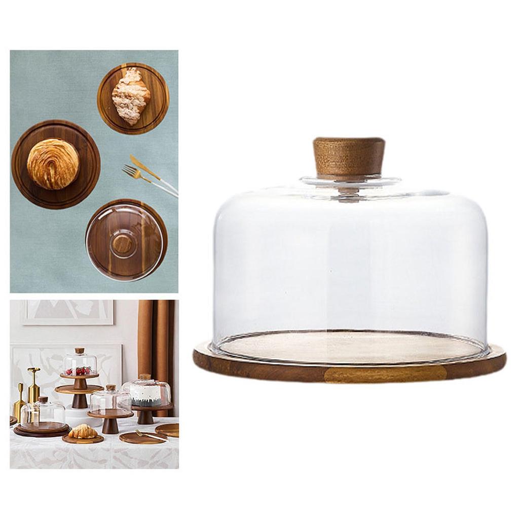 Cake Display Server Tablet Stand with Dome Plate Glass Dessert Wood Serving Shell for